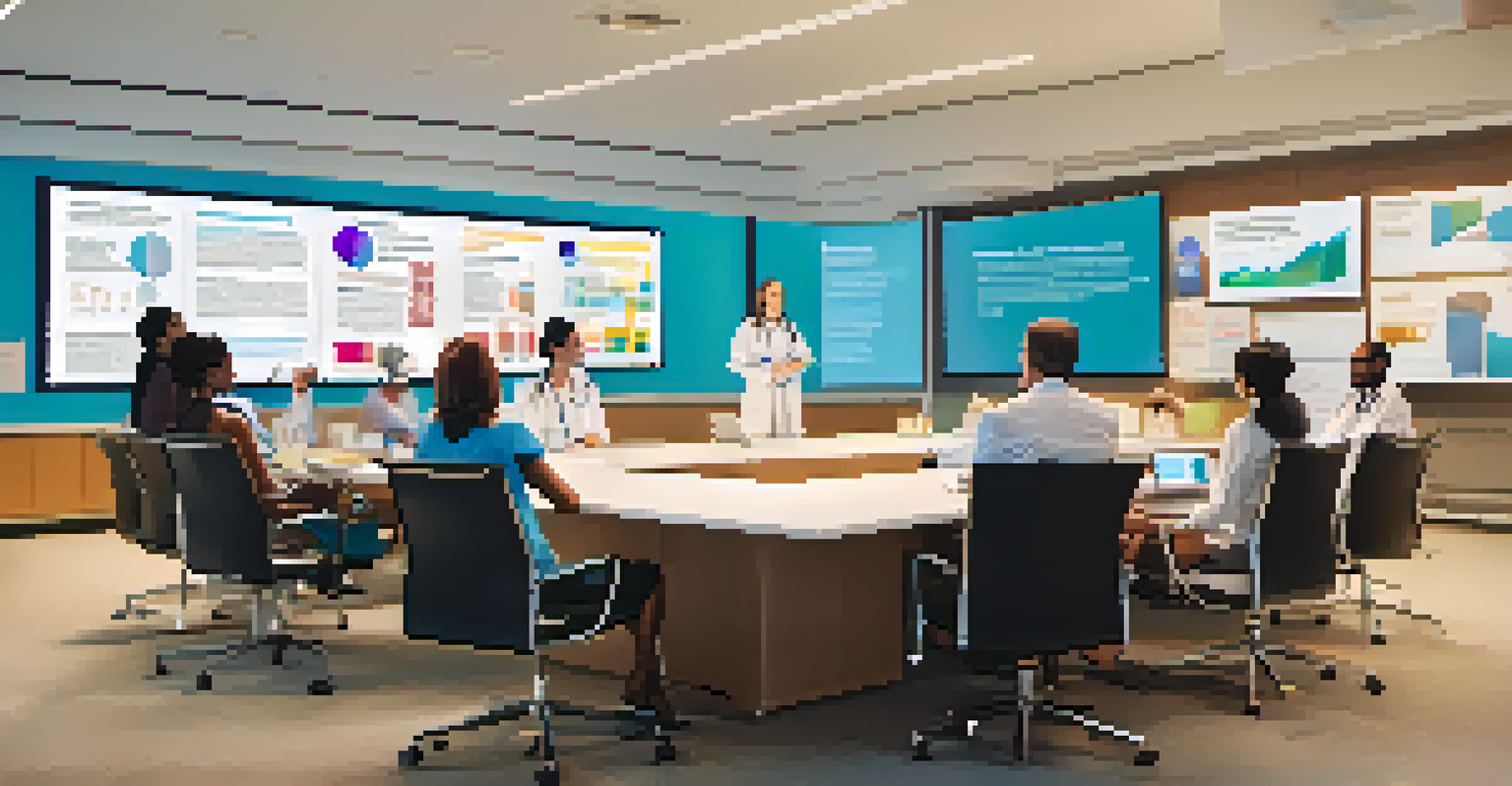 Healthcare practitioners in a conference room discussing a systematic review, with a large screen and papers on the table.