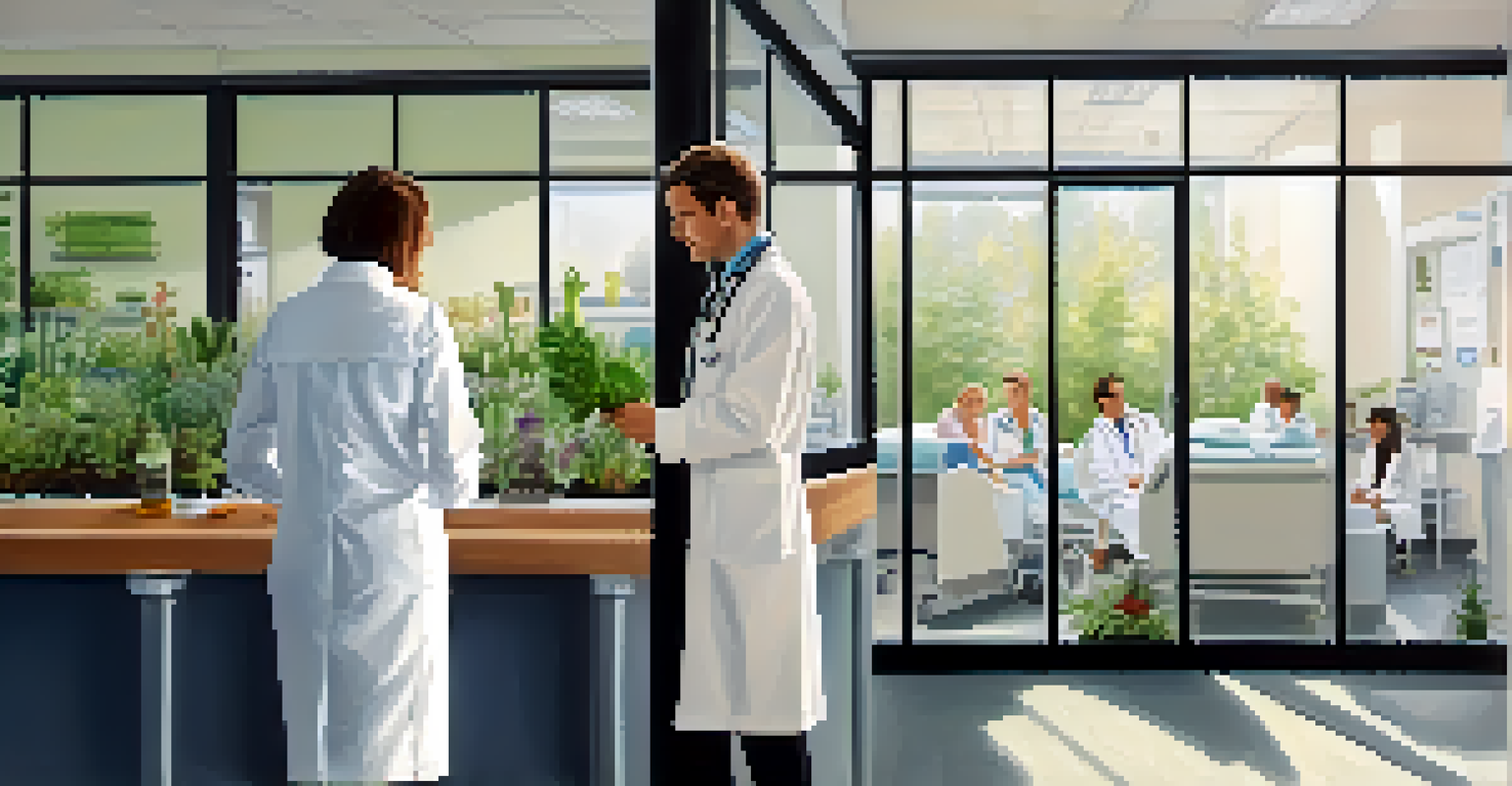 A split image showing a hospital with a doctor and a naturopathic clinic with herbal remedies, illustrating the contrast between the two approaches.