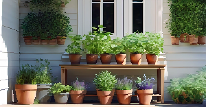 A vibrant herbal garden with basil, mint, and rosemary in pots, sunlight filtering through the leaves, and a wooden bench nearby.