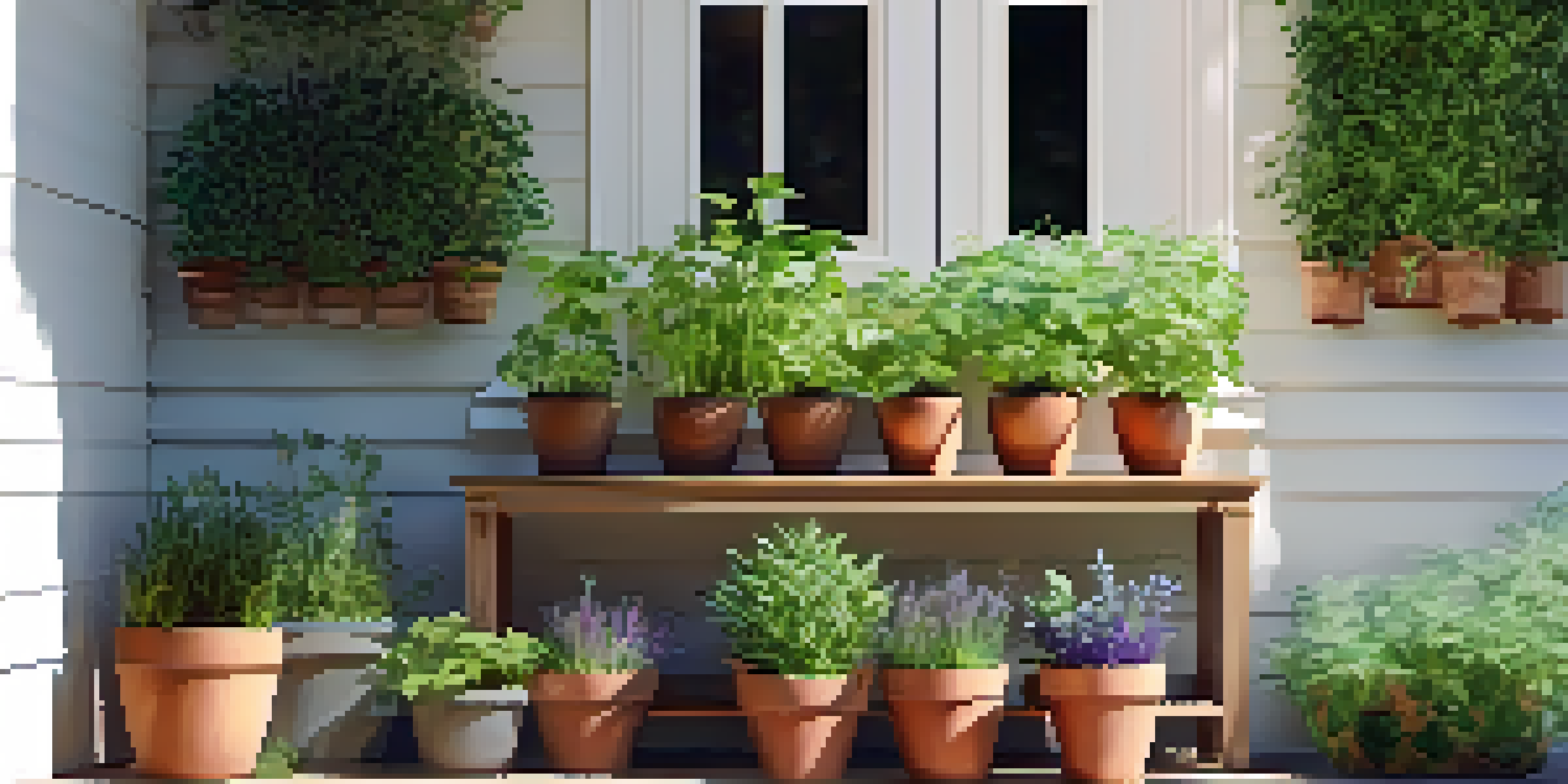 A vibrant herbal garden with basil, mint, and rosemary in pots, sunlight filtering through the leaves, and a wooden bench nearby.