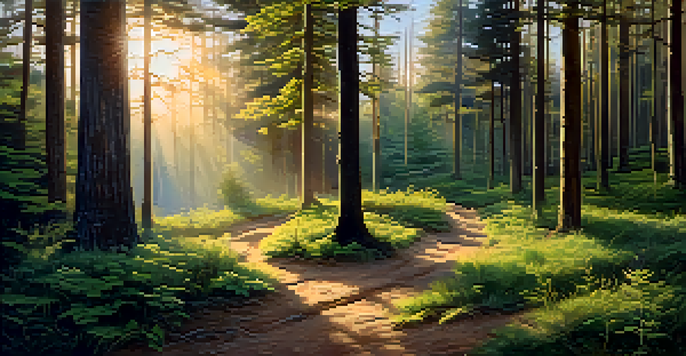 A peaceful forest at sunrise with soft light filtering through the trees and a winding pathway.