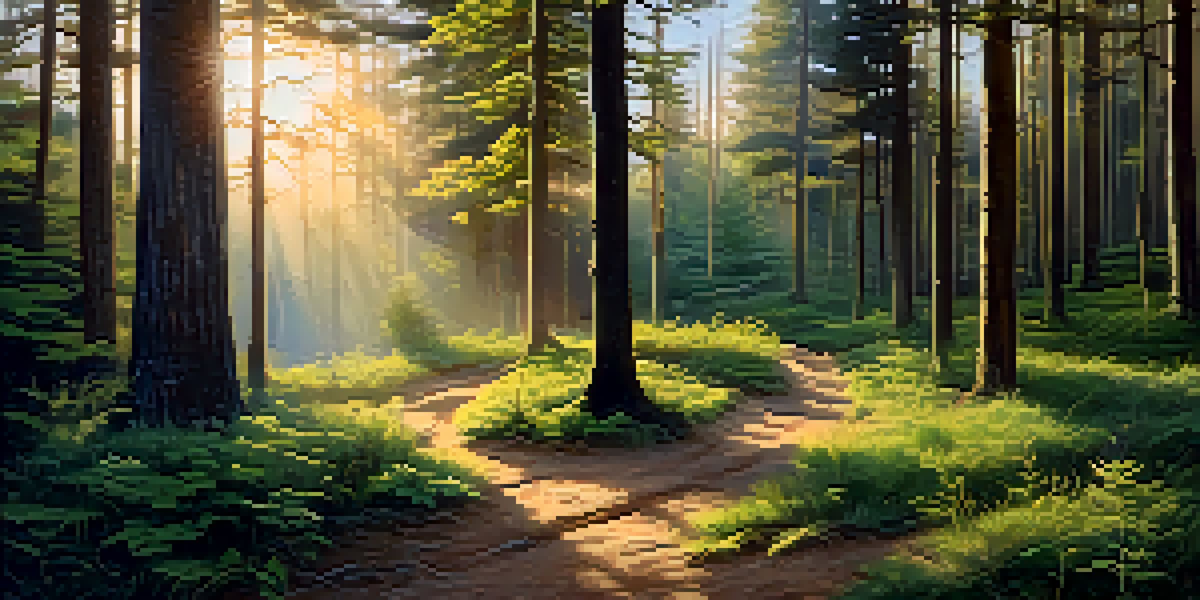 A peaceful forest at sunrise with soft light filtering through the trees and a winding pathway.