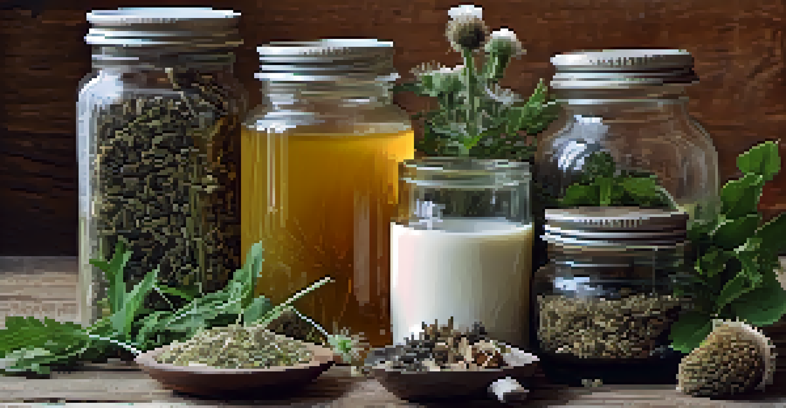 A close-up view of fresh herbs and herbal teas on a wooden table, showcasing the textures and colors of the plants.