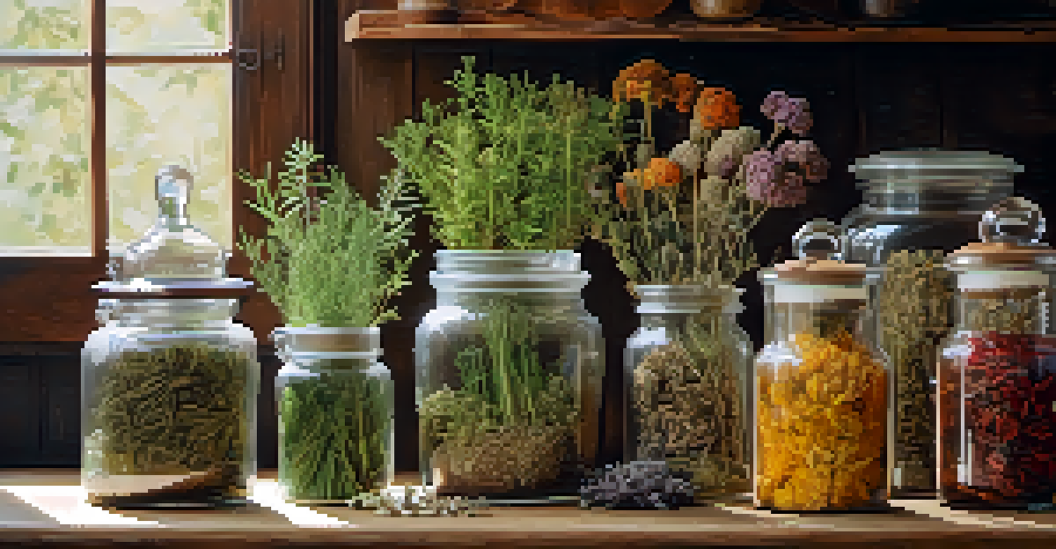 A wooden table with jars of colorful dried herbs and flowers in a cozy kitchen.