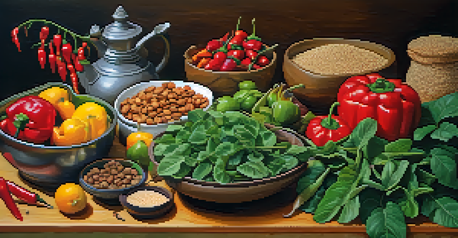A wooden table filled with natural foods representing the Five Elements: greens, spicy peppers, grains, nuts, and fresh fruits.
