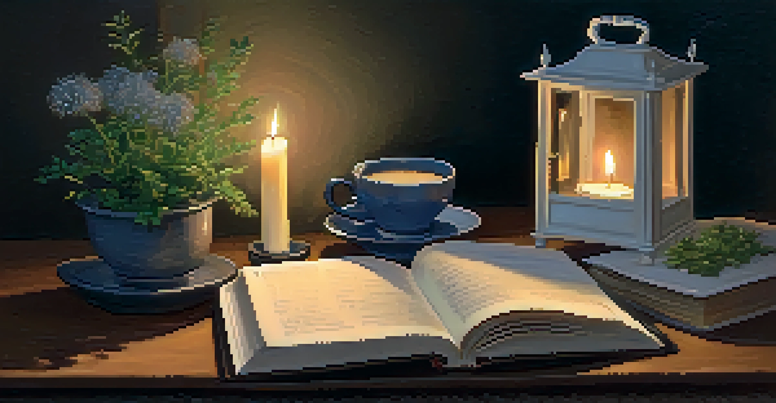 A cozy bedside table with valerian root tea, a flickering candle, and an open book in a dimly lit room.