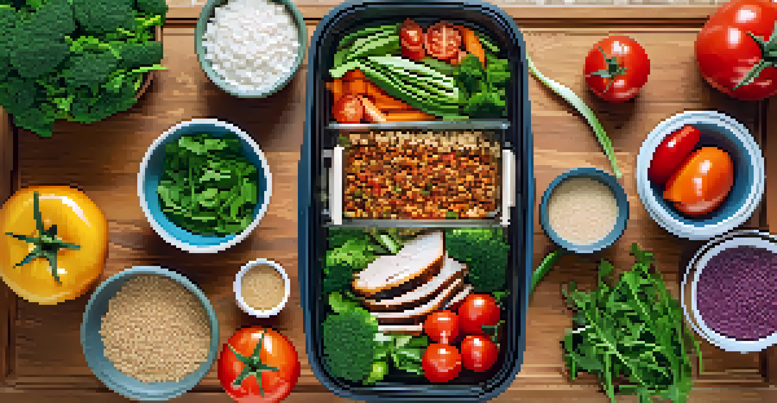 A flat lay of a healthy meal prep with fresh vegetables, quinoa, and grilled chicken on a wooden table, illuminated by natural light.