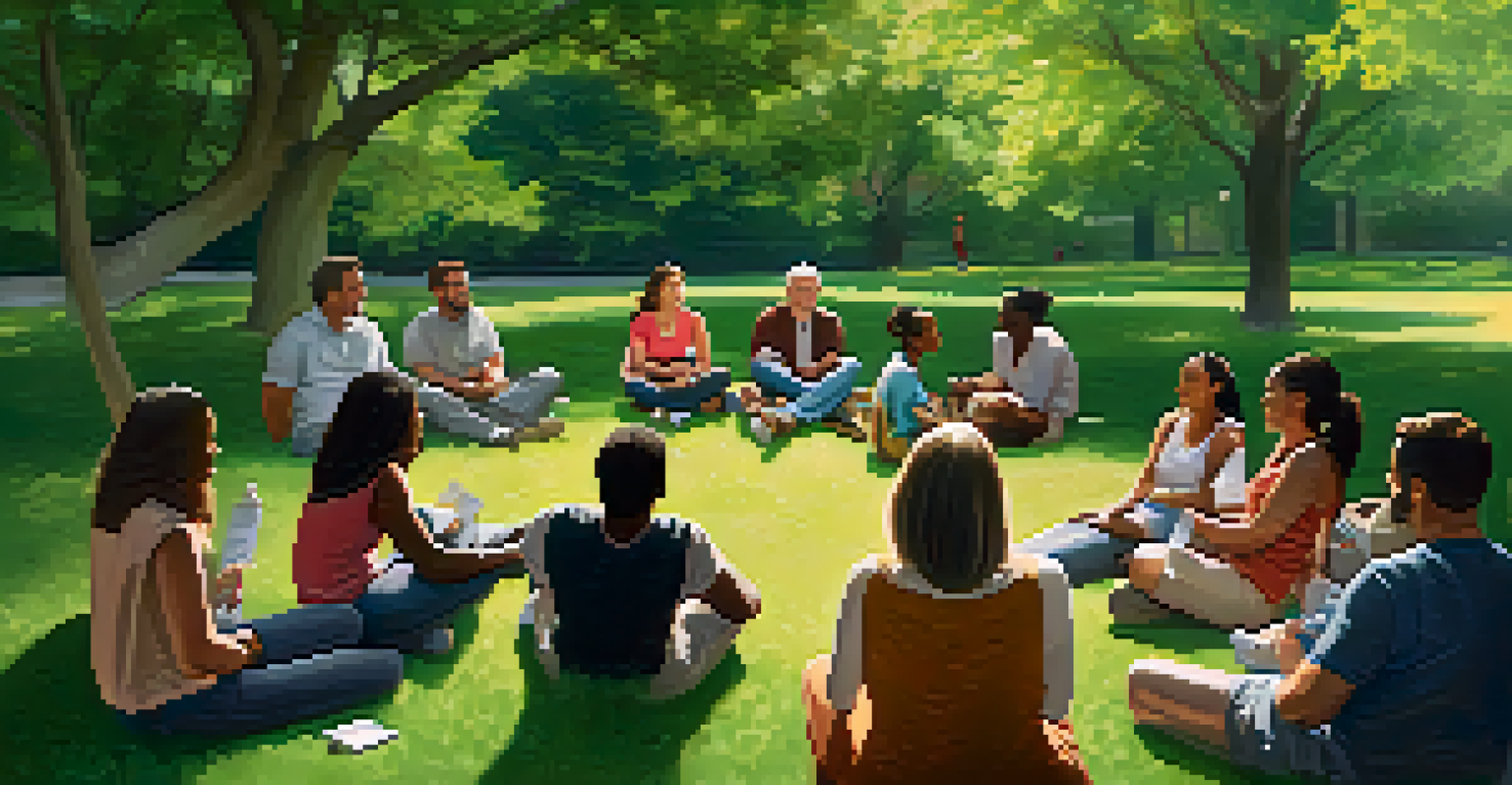 A diverse group of people sitting in a circle on the grass in a park, engaged in a support group meeting under the trees.