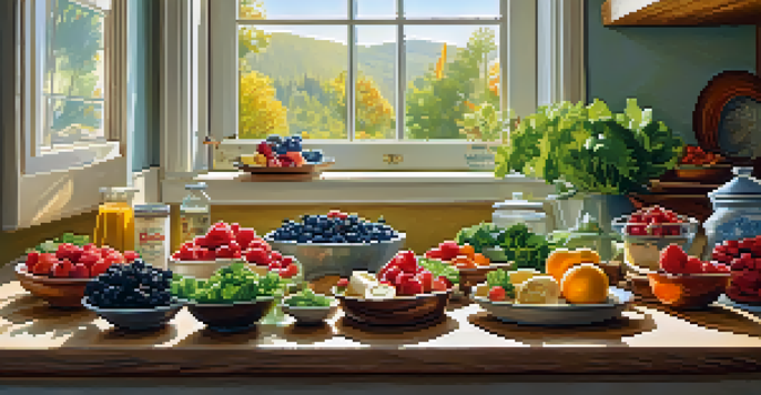 A kitchen filled with colorful heart-healthy foods like berries, greens, and fish, illuminated by natural light.