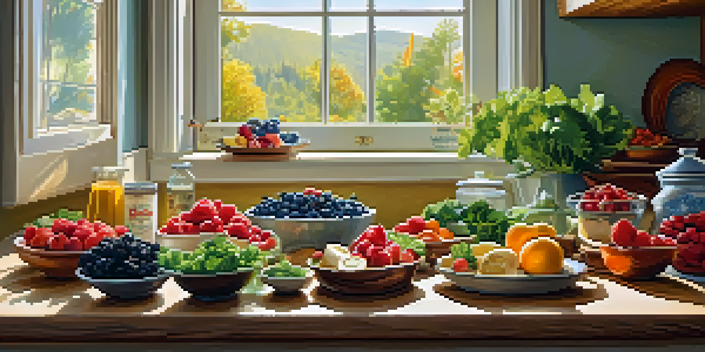 A kitchen filled with colorful heart-healthy foods like berries, greens, and fish, illuminated by natural light.