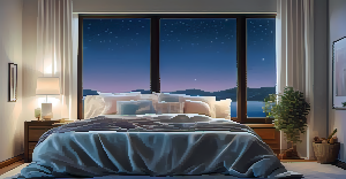 A peaceful bedroom with soft bedding and a starry night visible through the window, illuminated by warm bedside lamp light.