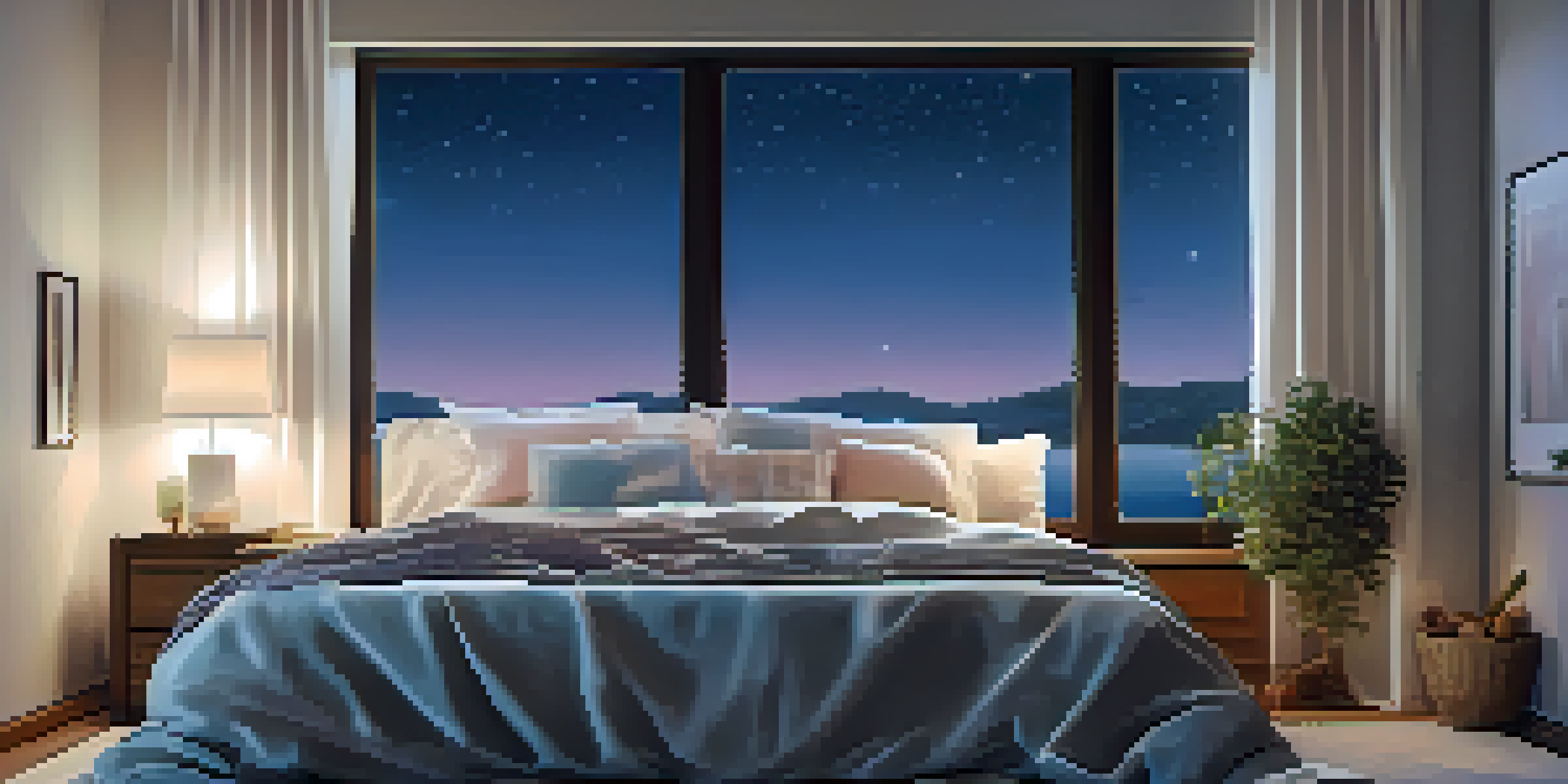 A peaceful bedroom with soft bedding and a starry night visible through the window, illuminated by warm bedside lamp light.