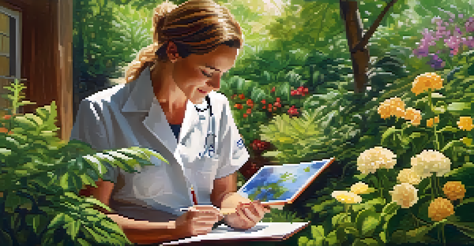 A naturopathic practitioner and a patient in a garden, discussing health amidst lush plants and flowers.