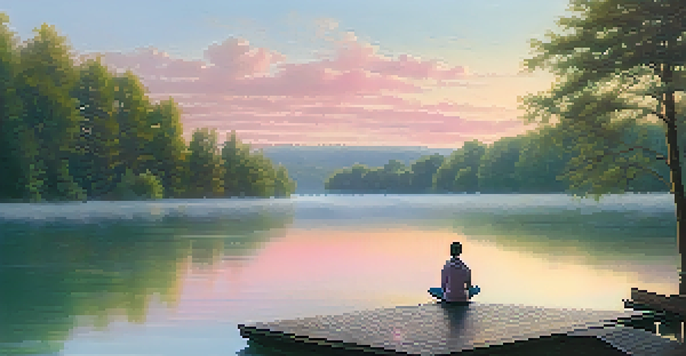 A person meditating on a dock by a misty lake at dawn, surrounded by trees.