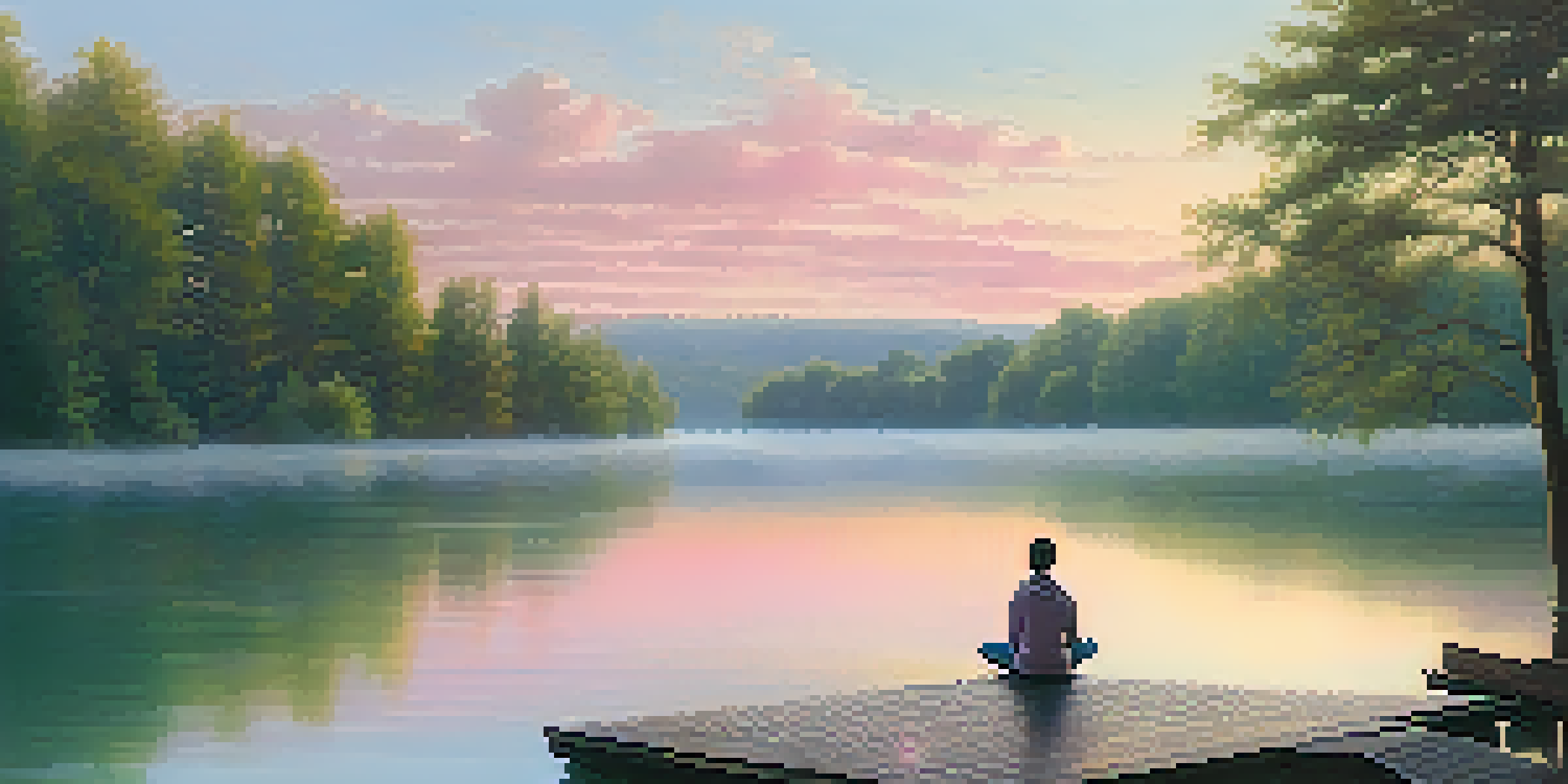 A person meditating on a dock by a misty lake at dawn, surrounded by trees.