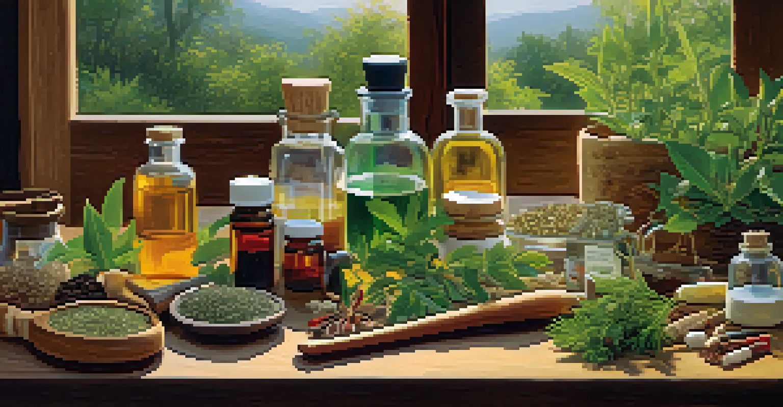 A close-up view of a wooden table filled with natural remedies like herbal plants and tinctures, alongside conventional medicines and a stethoscope.