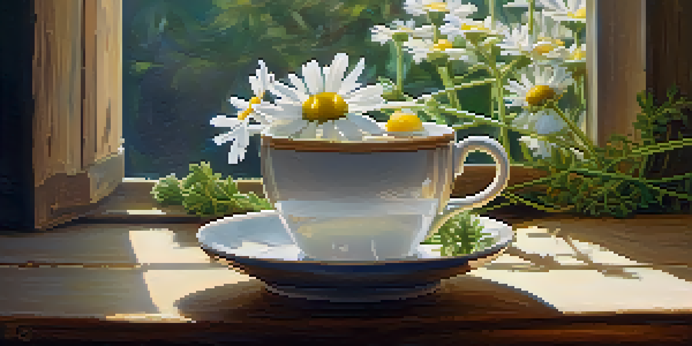 A close-up of a cup of chamomile tea with fresh chamomile flowers on a wooden table, bathed in soft natural light.