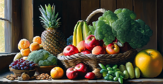 A colorful display of fresh fruits, vegetables, nuts, and whole grains on a wooden table, illuminated by natural sunlight.