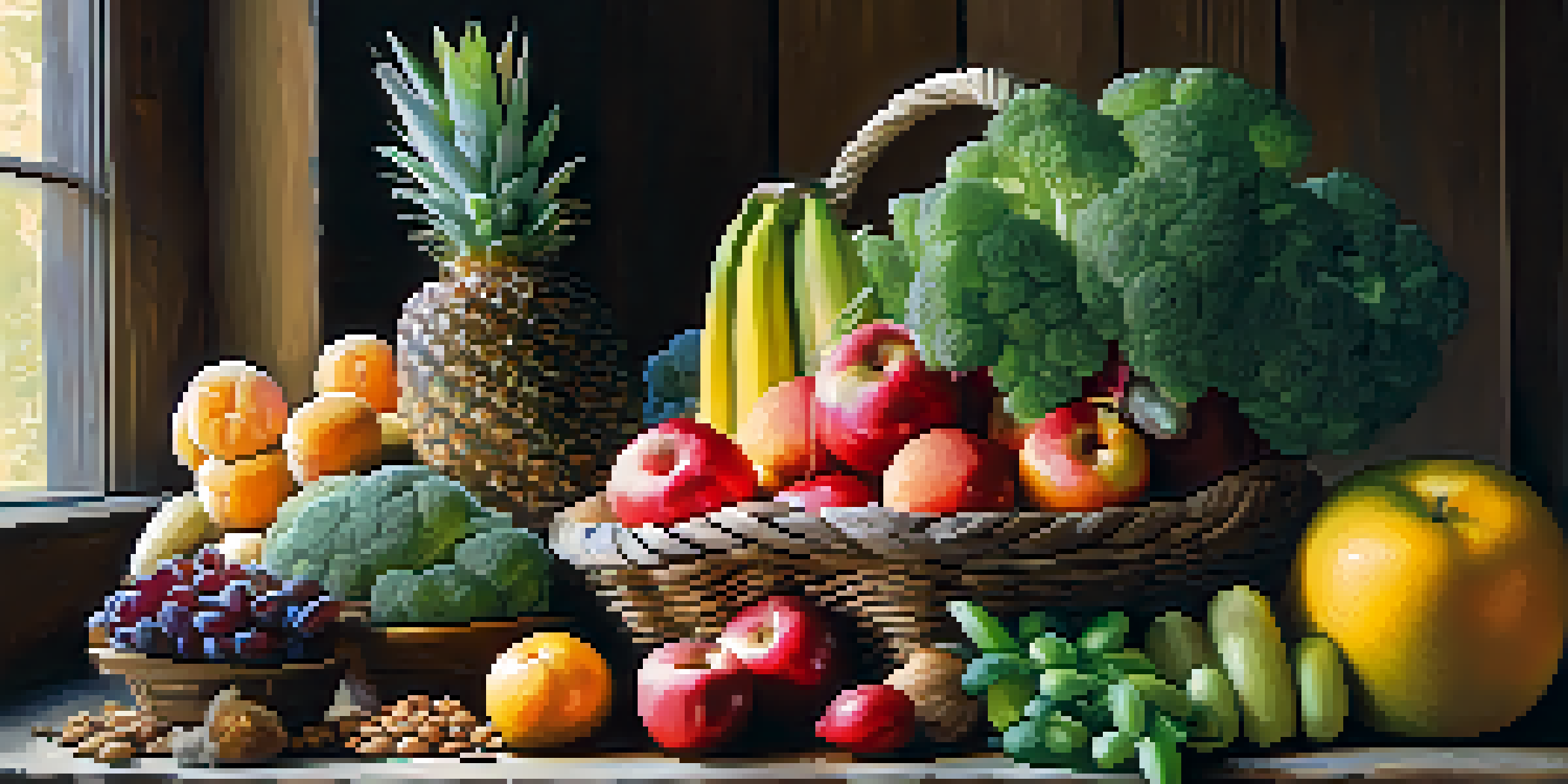 A colorful display of fresh fruits, vegetables, nuts, and whole grains on a wooden table, illuminated by natural sunlight.