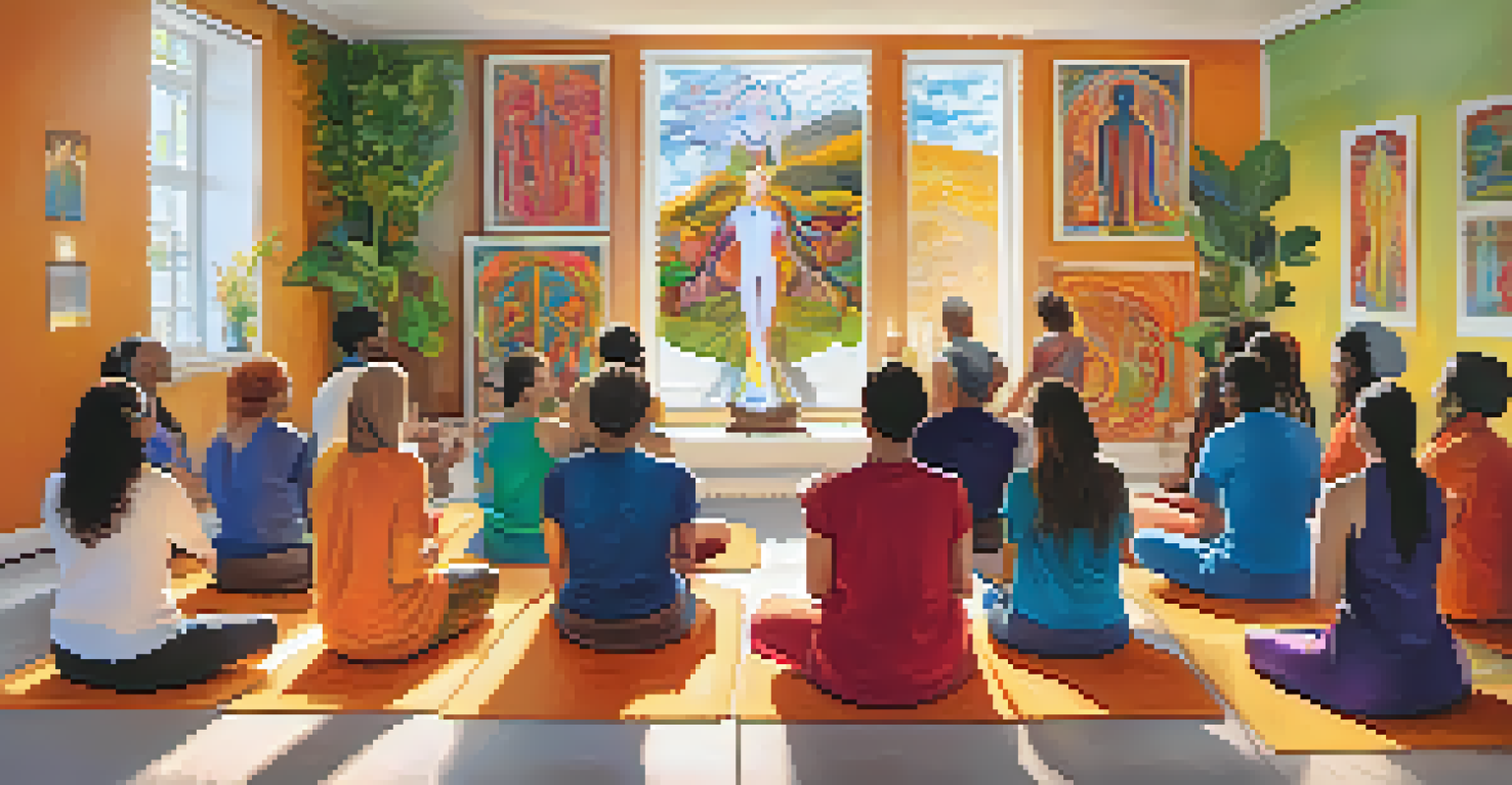 A diverse group of practitioners in a vibrant workshop learning and practicing Emotional Freedom Techniques (EFT) with charts on the walls.