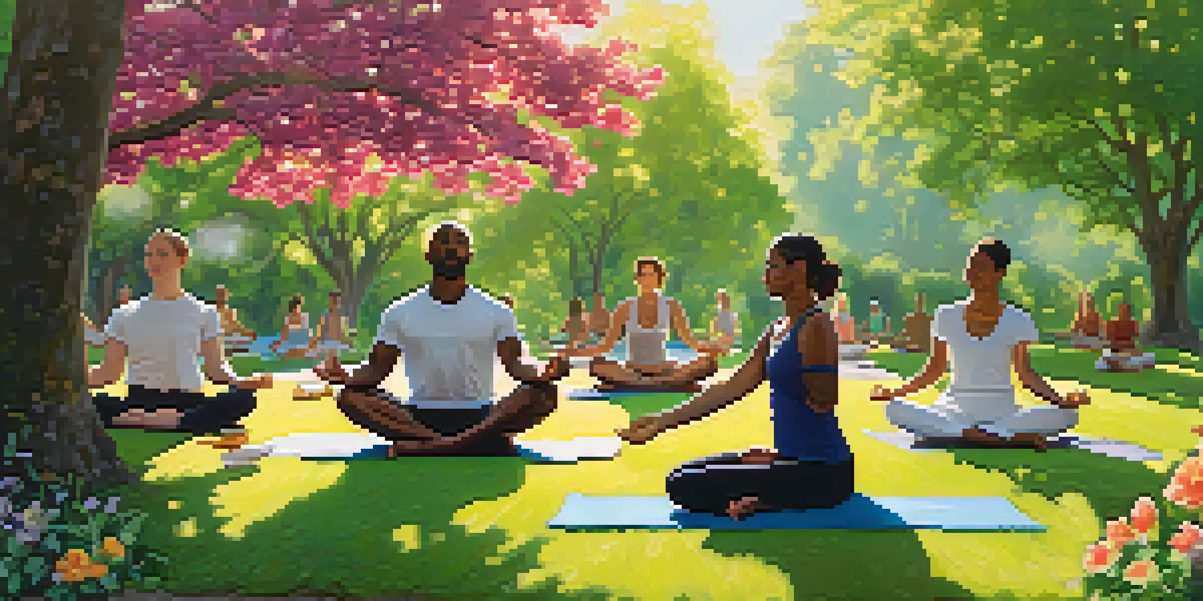 A diverse group of people practicing yoga in a park filled with greenery and flowers, illuminated by sunlight.