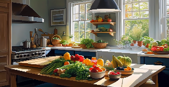 A bright kitchen with a person preparing healthy meals using fresh fruits and vegetables on a wooden table.