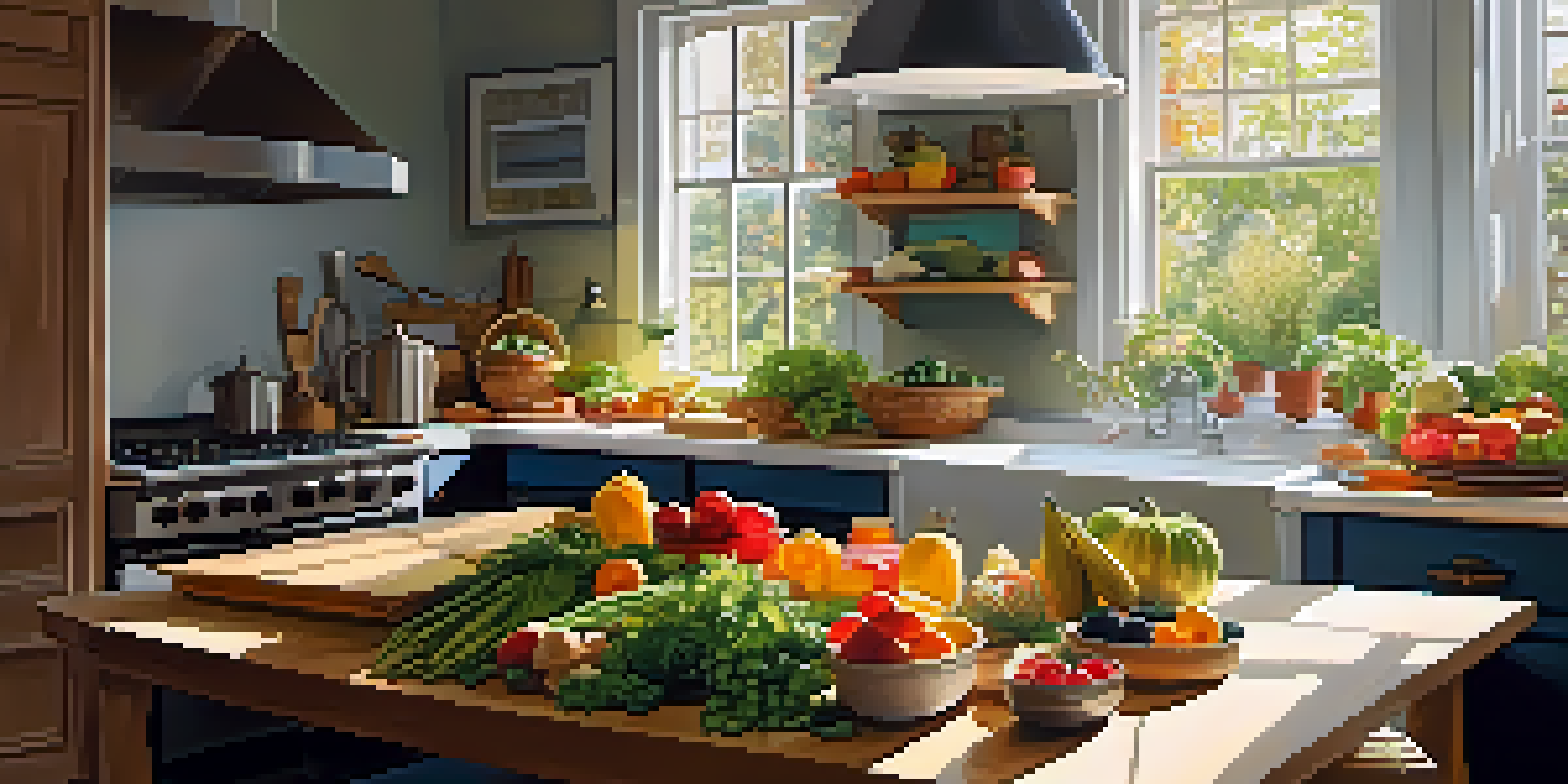 A bright kitchen with a person preparing healthy meals using fresh fruits and vegetables on a wooden table.