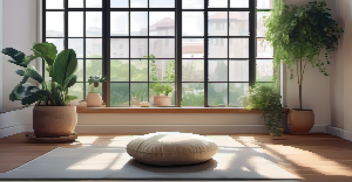 A peaceful meditation space with a cushion, plants, and soft light, promoting a calming environment.