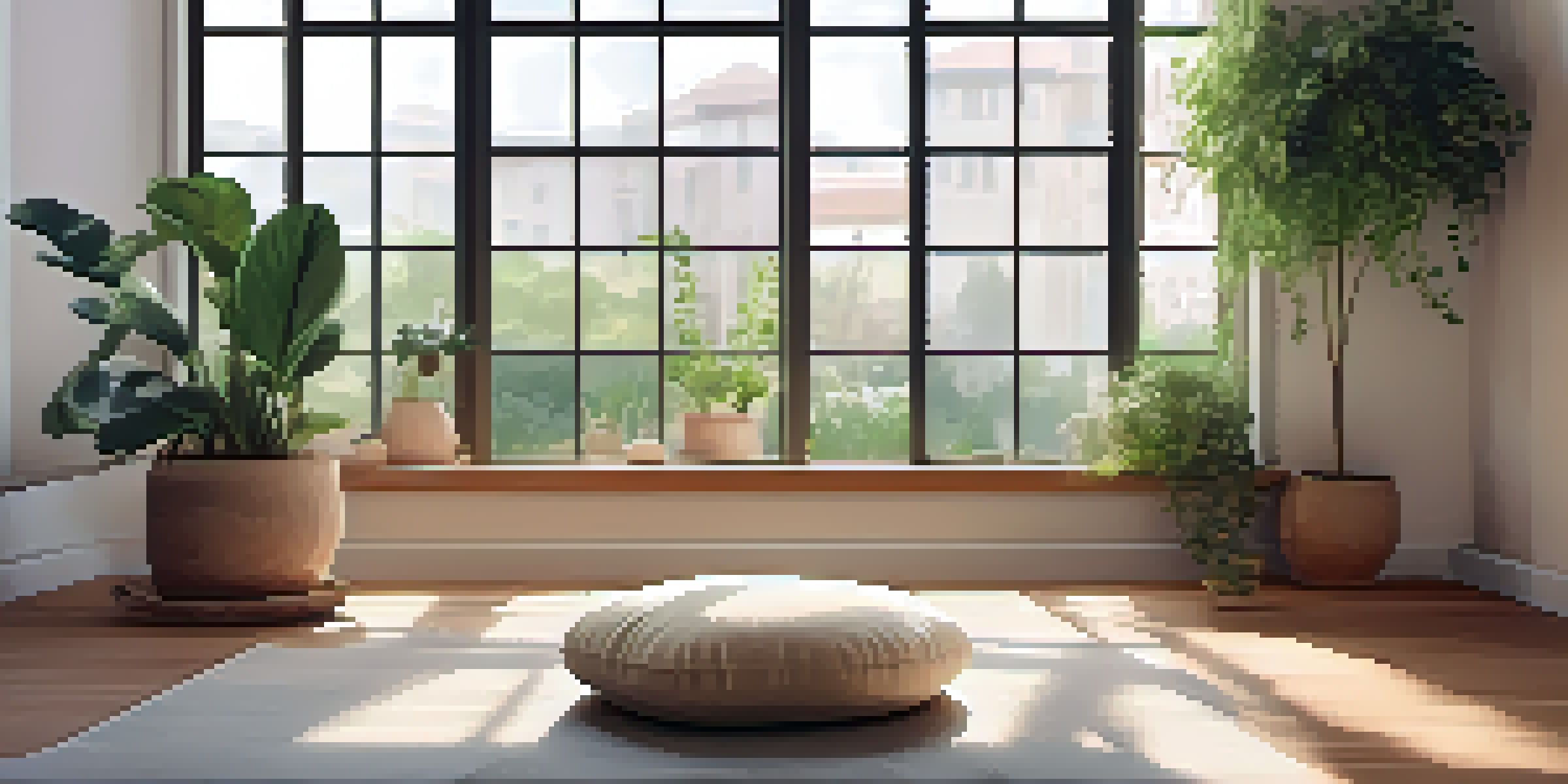 A peaceful meditation space with a cushion, plants, and soft light, promoting a calming environment.