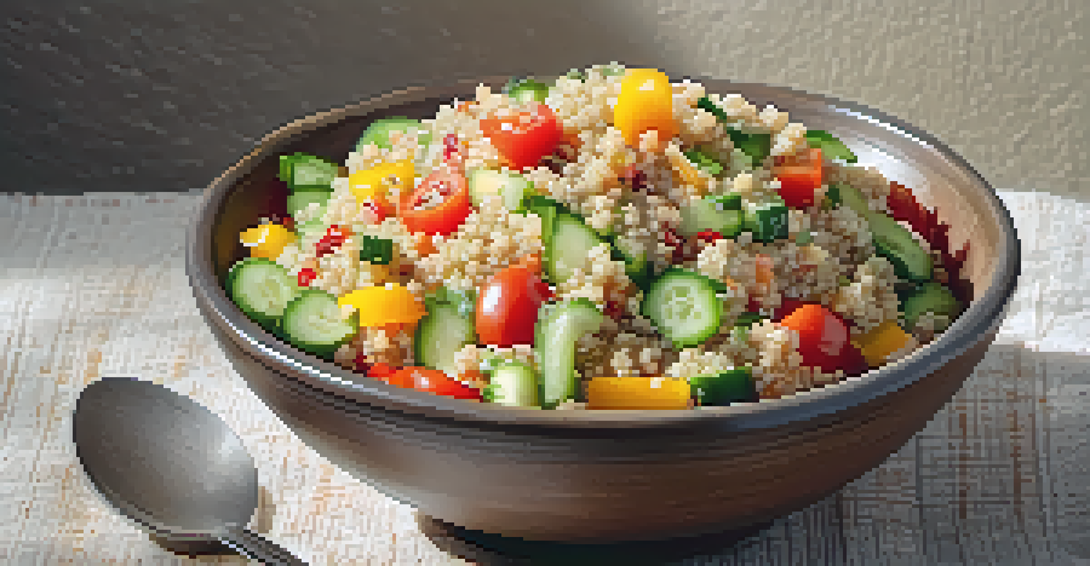A close-up of a quinoa salad with colorful vegetables and sunflower seeds, showcasing nutrient-rich ingredients.
