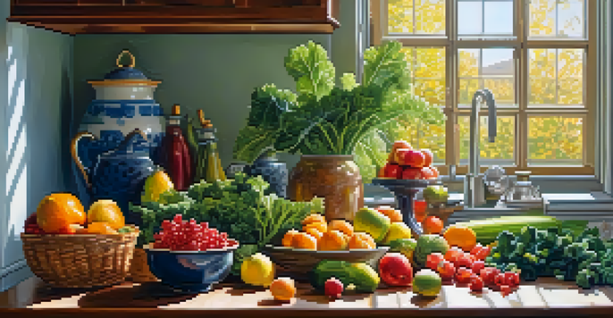A kitchen countertop filled with colorful fruits and vegetables bathed in sunlight.