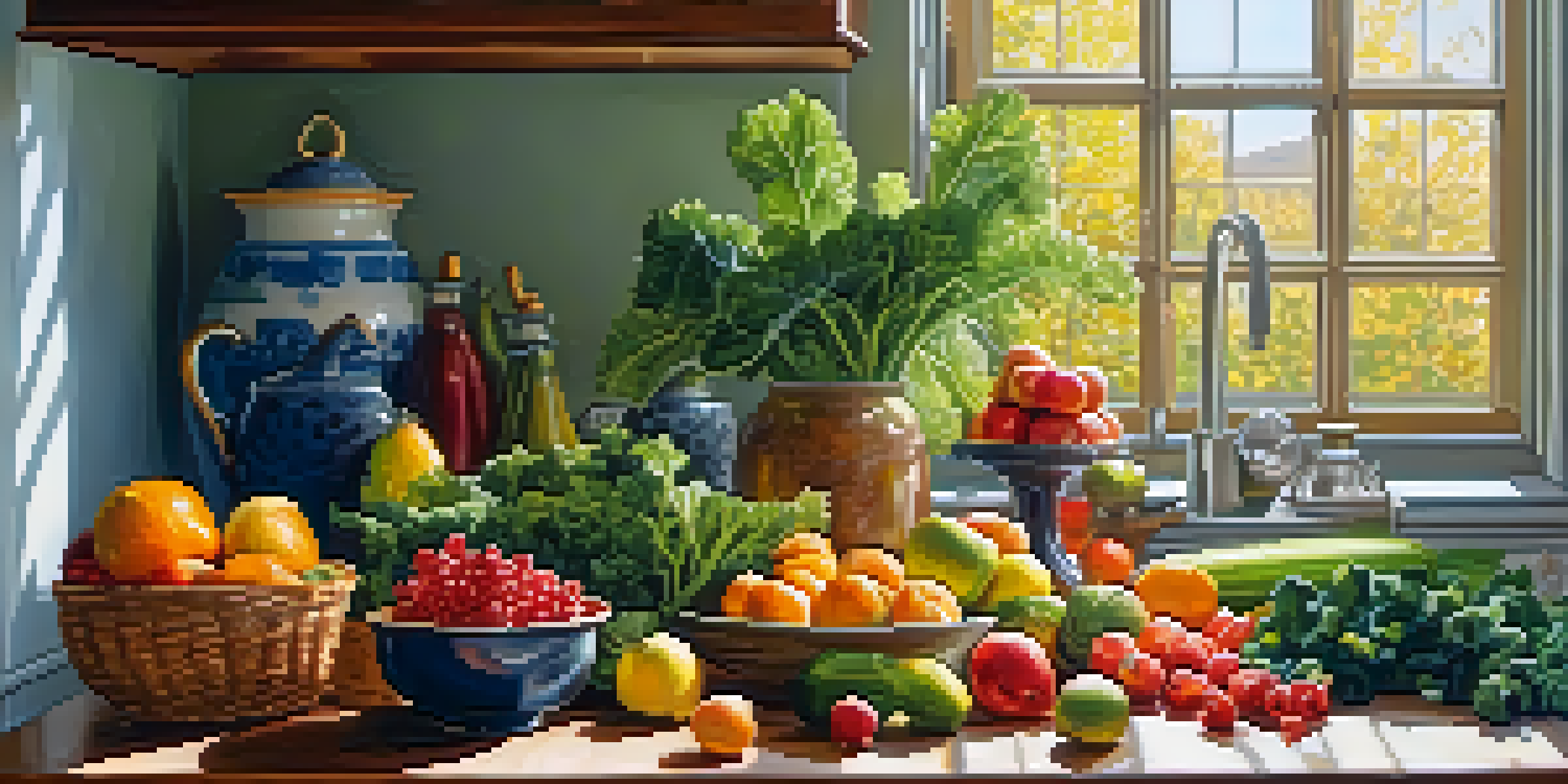 A kitchen countertop filled with colorful fruits and vegetables bathed in sunlight.