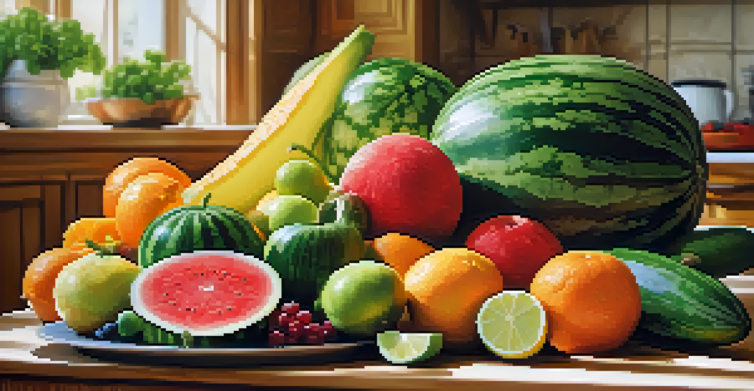 A plate of hydrating fruits and vegetables arranged on a wooden table in a sunny kitchen.