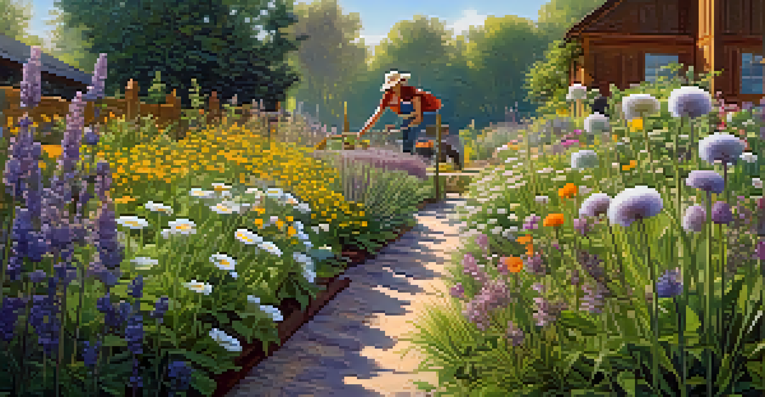 A vibrant outdoor herbal garden with a gardener tending to herbs like lavender and chamomile under warm morning light.