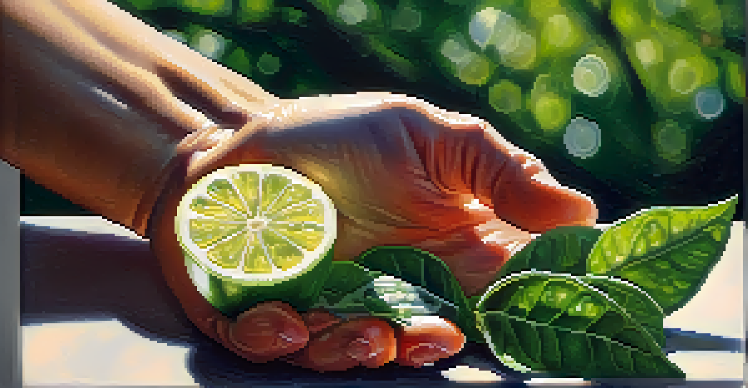 A close-up of a hand holding bergamot essential oil with fruits and leaves in the background.