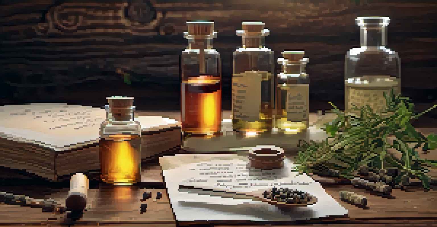 A close-up of a homeopathic remedy kit with vials, herbs, and a notebook on a wooden table.