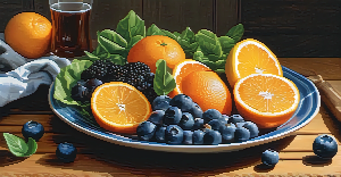 A plate filled with colorful anti-inflammatory foods including fruits, leafy greens, and fatty fish, arranged on a rustic wooden table with natural light.