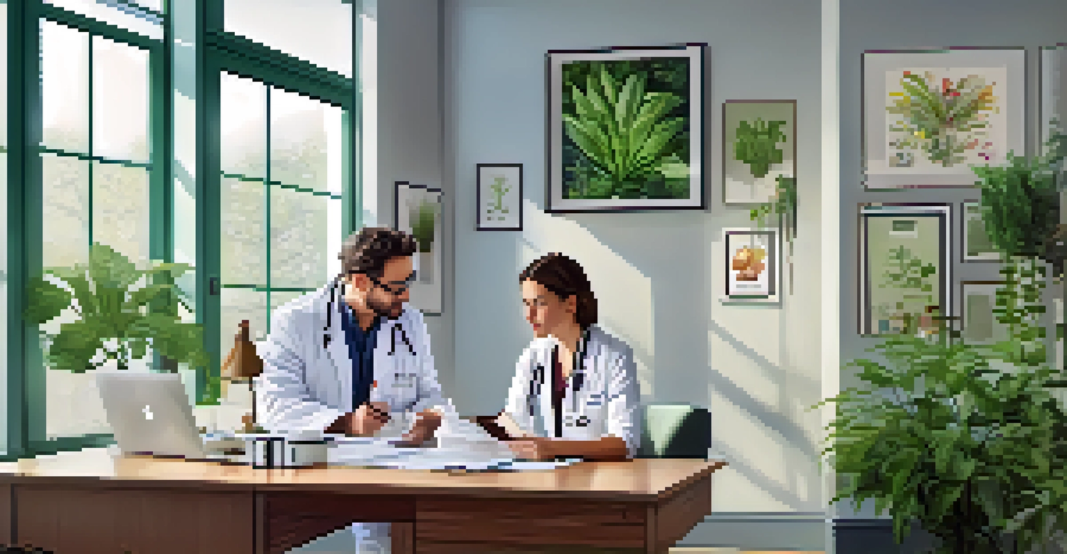 Naturopath and conventional doctor discussing health records in a bright office filled with plants.