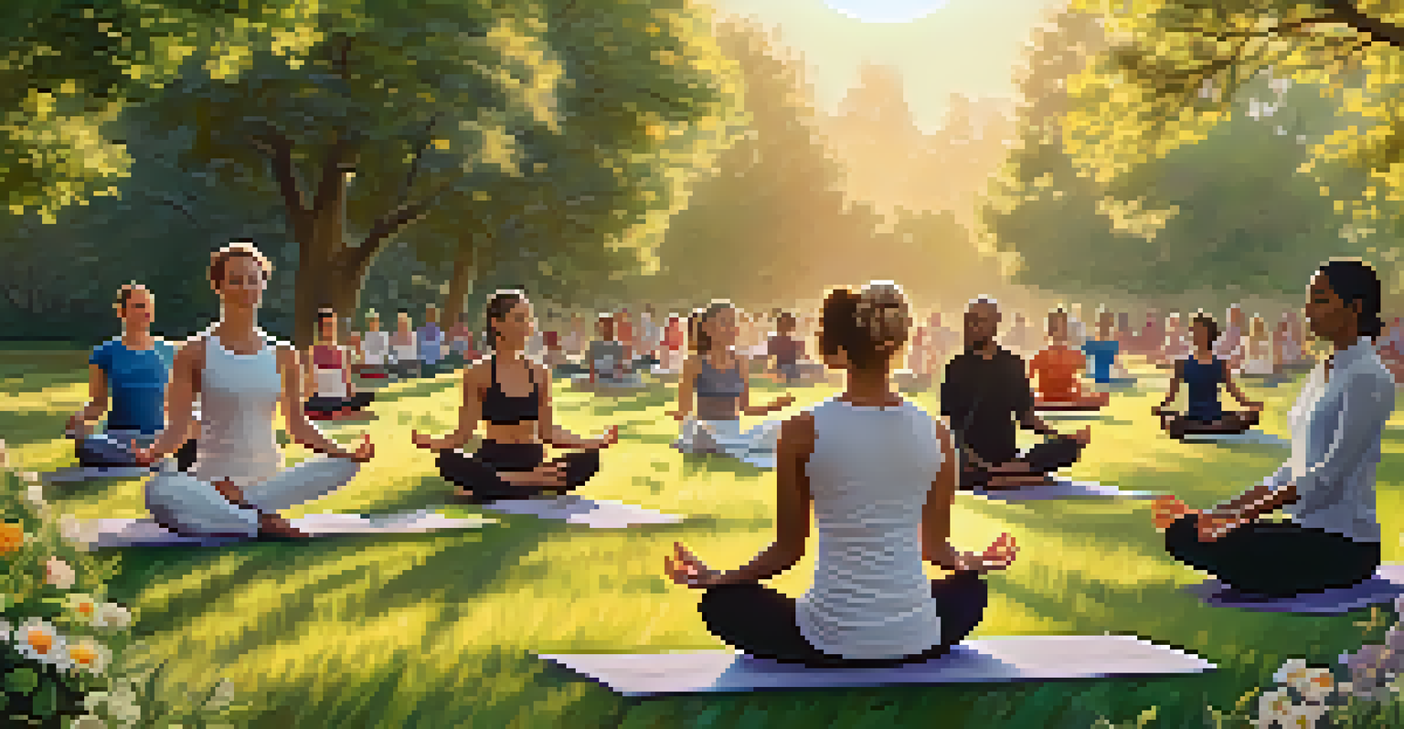 A naturopathic practitioner leading a yoga class in a green park during sunset, with participants in various poses.