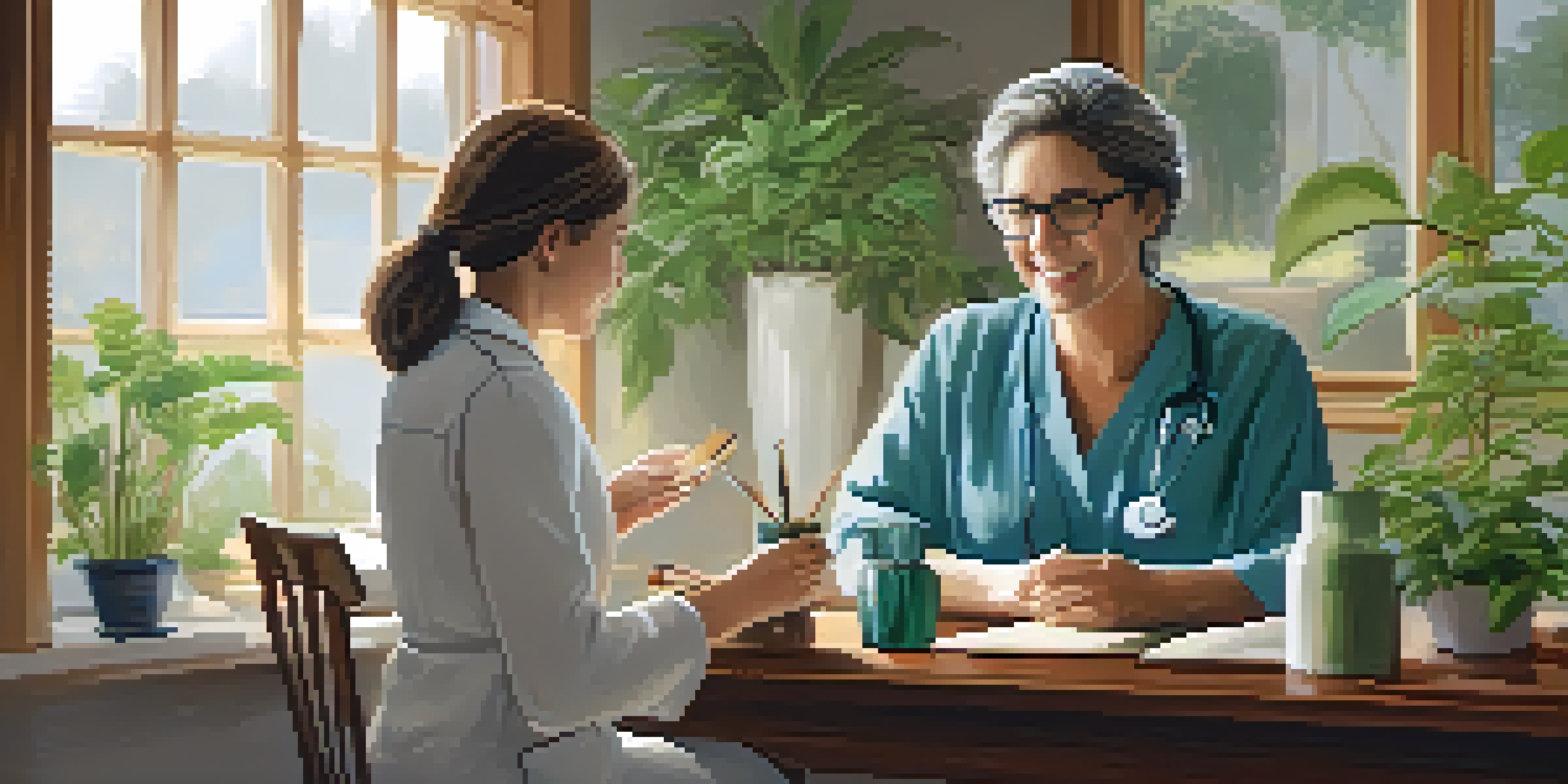 A naturopathic doctor consulting with a patient in a cozy room filled with plants and health books.