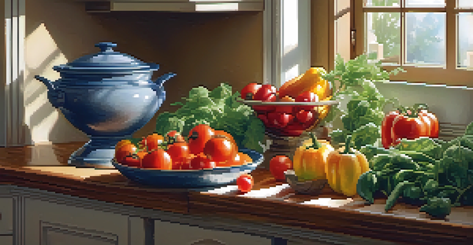 A bright and inviting kitchen with fresh fruits and vegetables on the countertop, illuminated by morning light.
