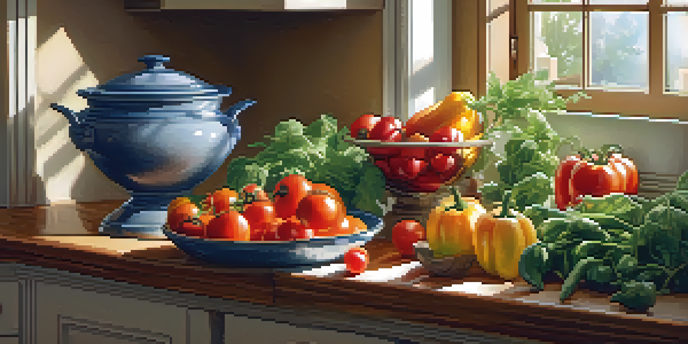 A bright and inviting kitchen with fresh fruits and vegetables on the countertop, illuminated by morning light.