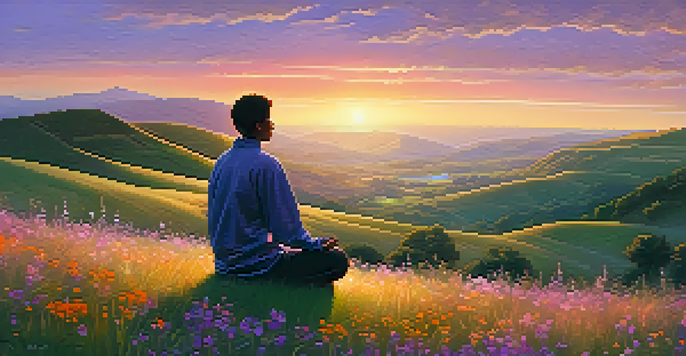 A person meditating on a hillside during sunset, surrounded by wildflowers and vibrant sky colors.
