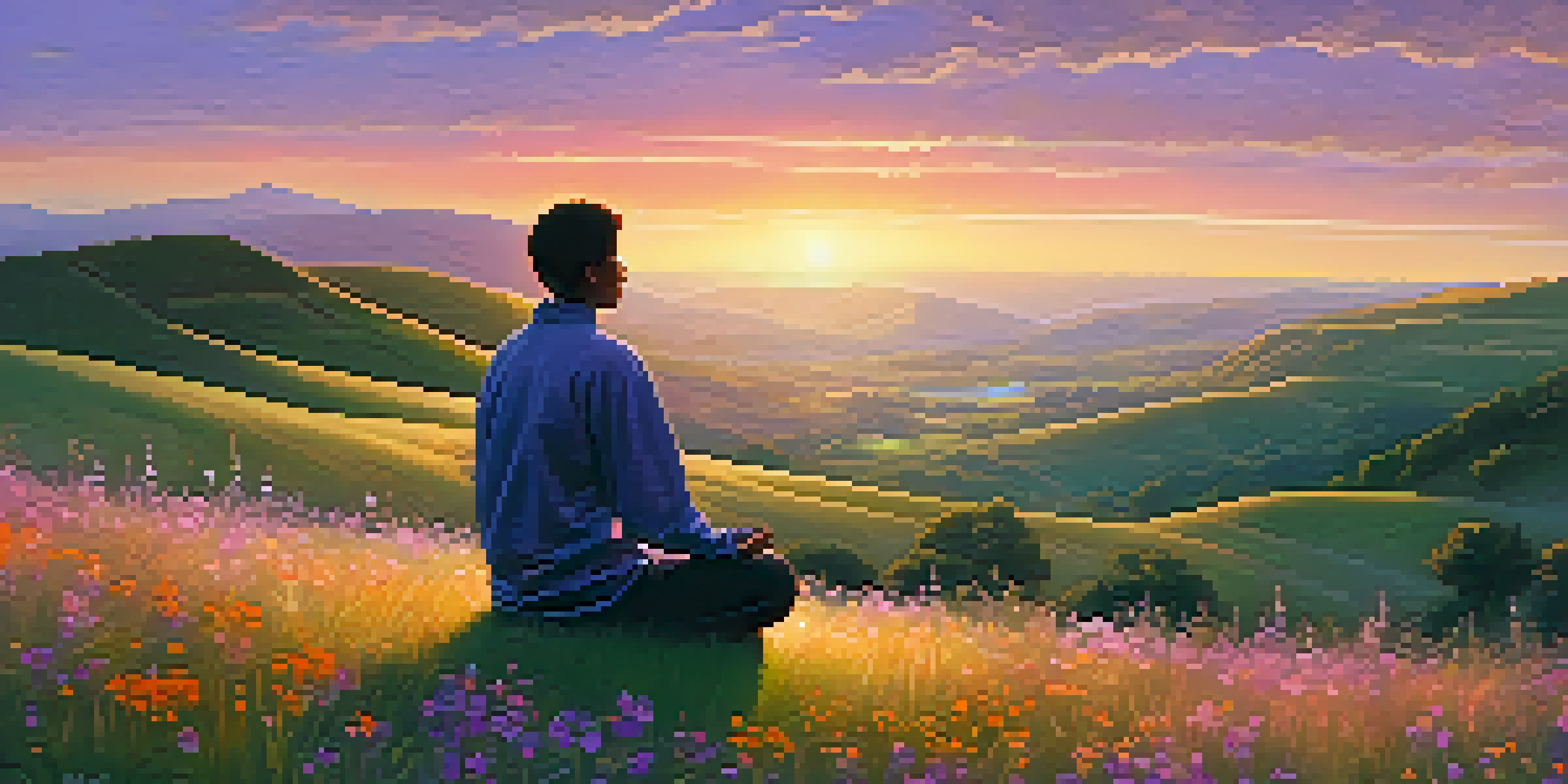 A person meditating on a hillside during sunset, surrounded by wildflowers and vibrant sky colors.