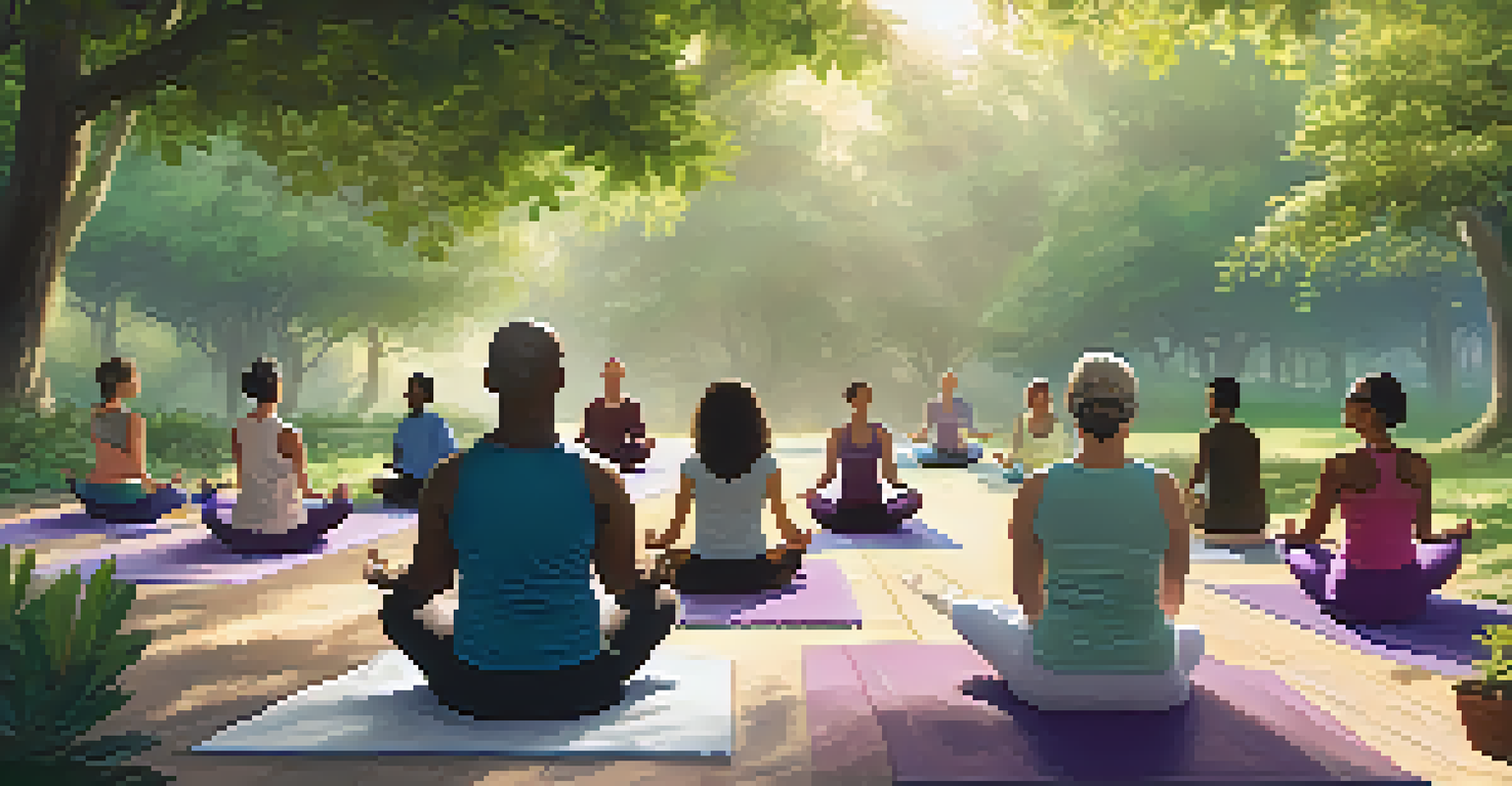 A diverse group of cancer patients practicing yoga in a tranquil outdoor setting surrounded by greenery.