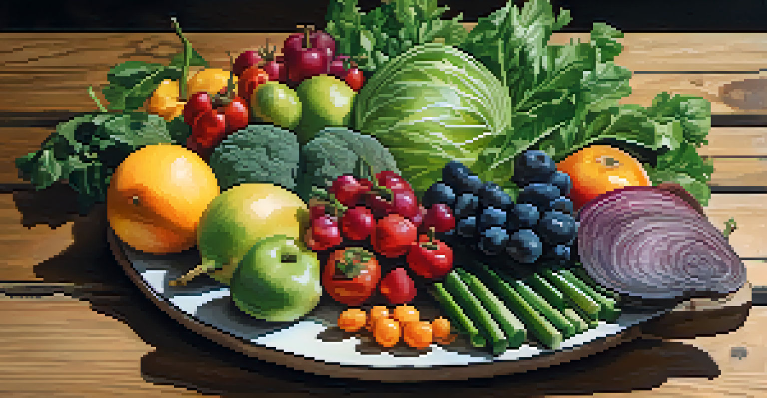 A close-up of a plate filled with vibrant fruits, leafy greens, and colorful vegetables on a rustic wooden table.