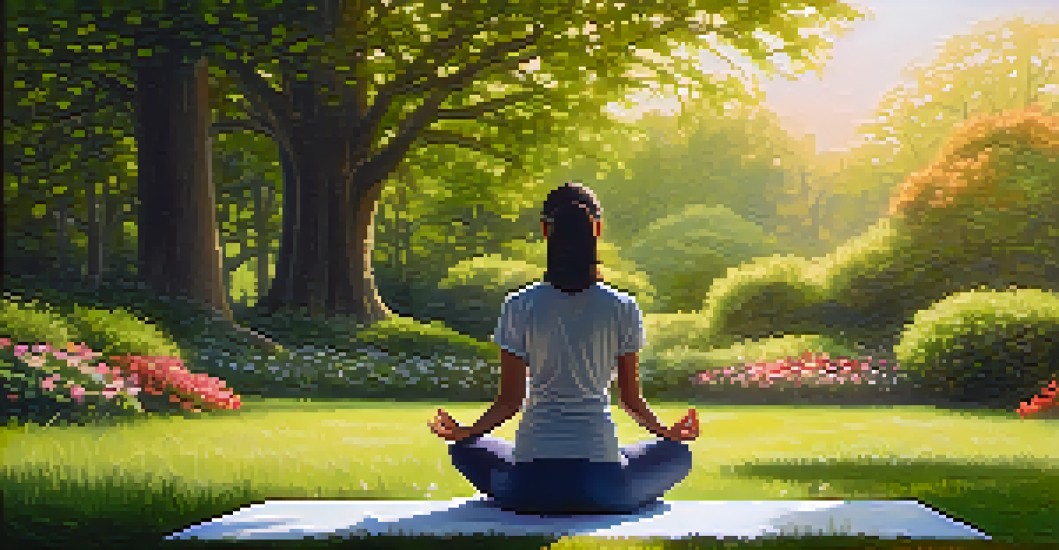 A person practicing yoga in a green park at sunrise, surrounded by flowers and trees, promoting the mind-body connection.