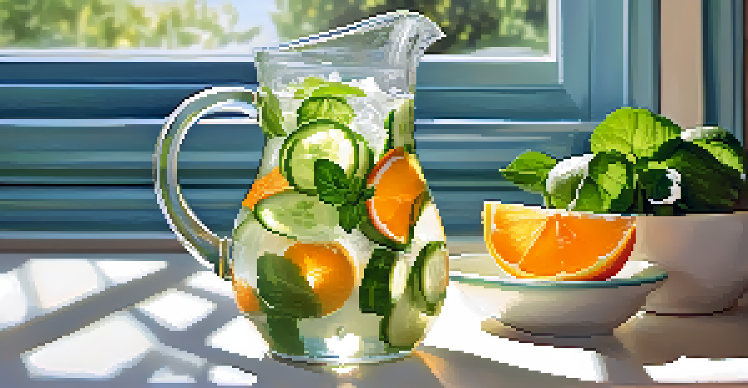 A pitcher of infused water with cucumber, orange slices, and mint leaves on a sunny kitchen counter.