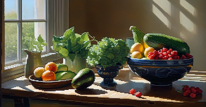 A cozy kitchen with a wooden table filled with fresh fruits and vegetables under soft sunlight.