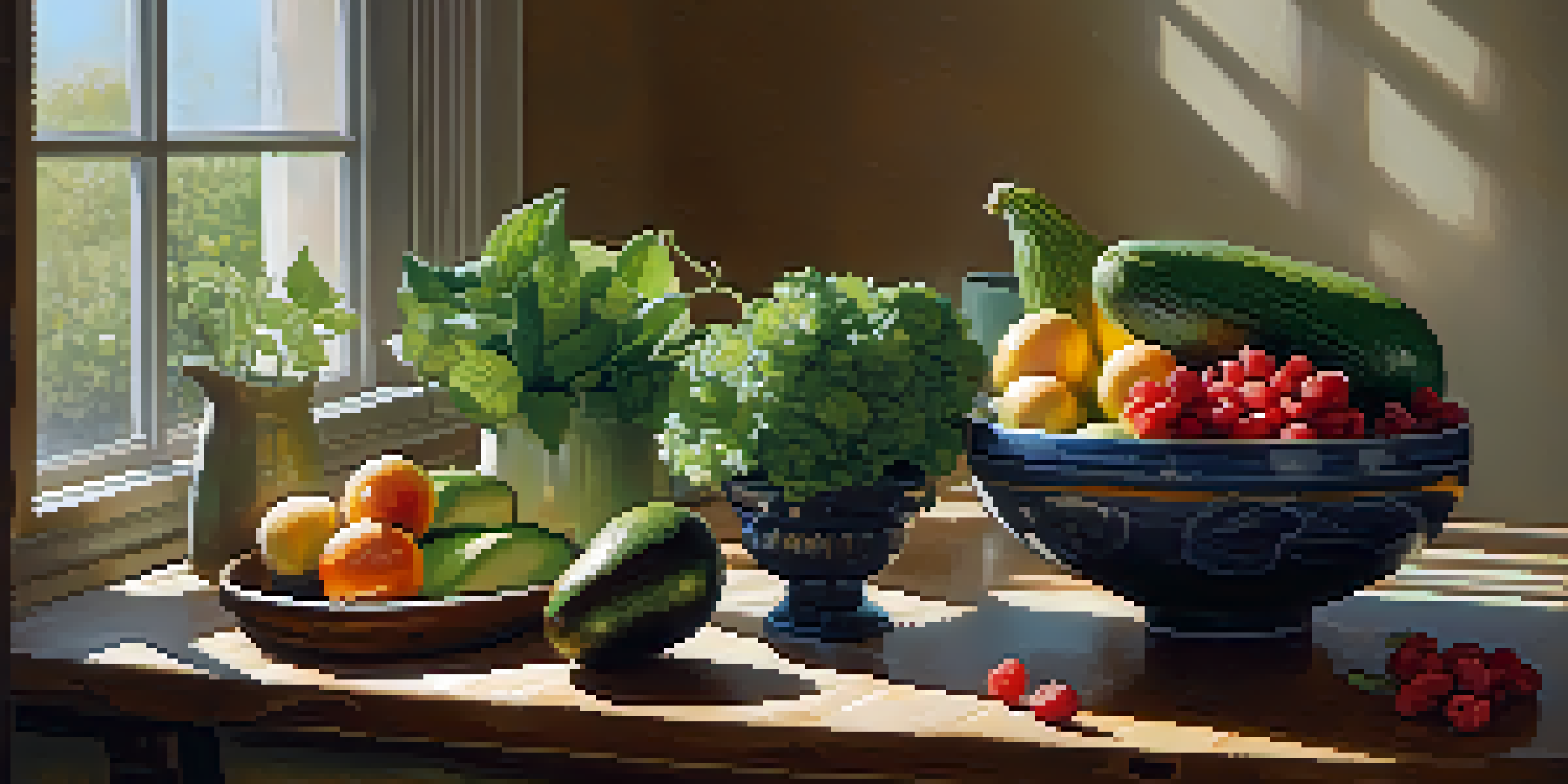 A cozy kitchen with a wooden table filled with fresh fruits and vegetables under soft sunlight.